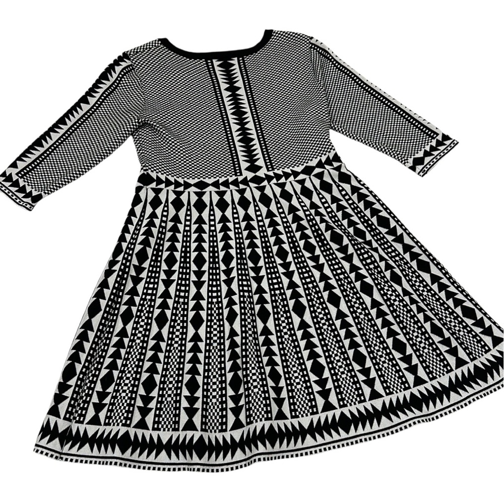Nina Leonard Knit Sweater Dress Geometrical Print 3/4 Long Sleeve Black White XL
